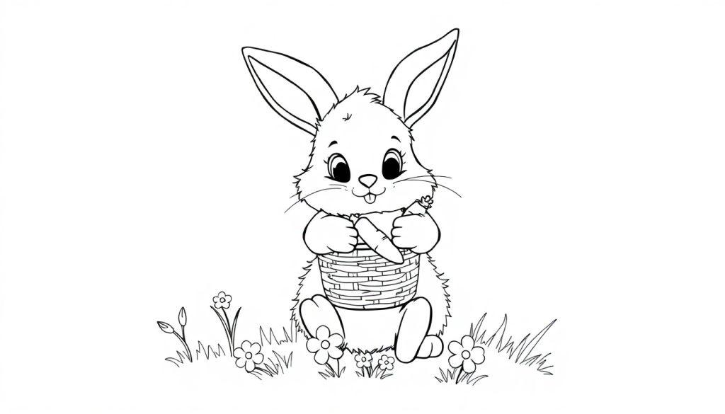 Eine niedliche Schwarz-Weiß-Farbtafel eines Cartoon-Hasen mit einer Karotte und einem Korb auf einer blühenden Wiese.