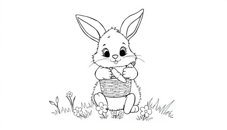 Eine niedliche Schwarz-Weiß-Farbtafel eines Cartoon-Hasen mit einer Karotte und einem Korb auf einer blühenden Wiese.