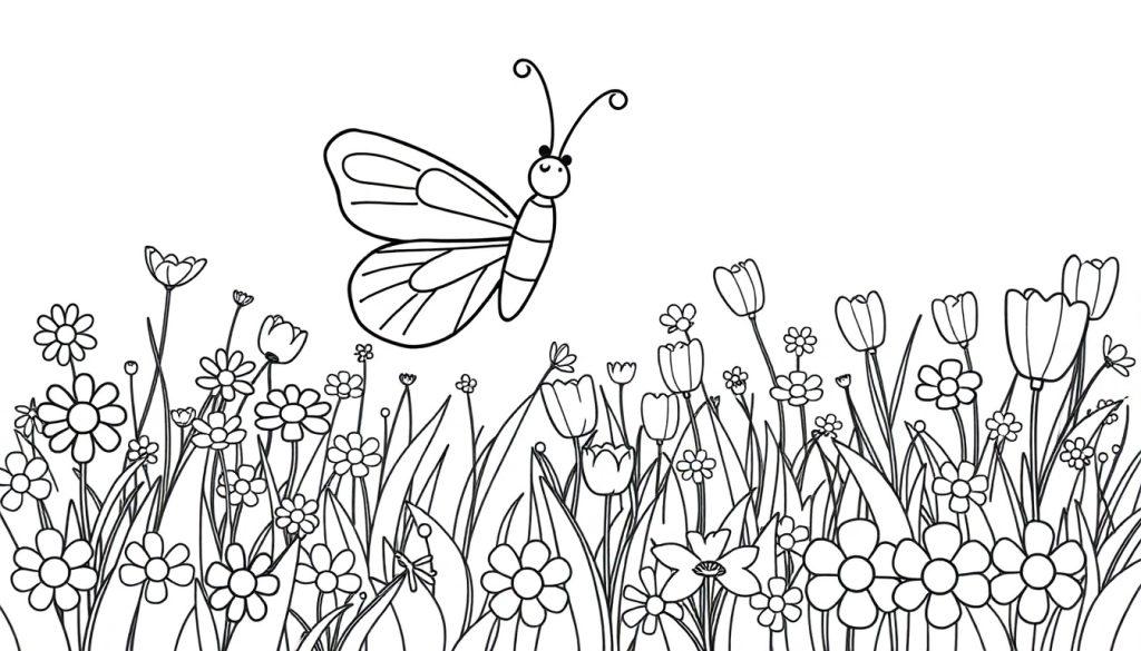 Eine Farbtafel einer Frühlingswiese mit Blumen und einem Schmetterling zum Ausmalen.