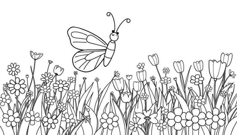 Eine Farbtafel einer Frühlingswiese mit Blumen und einem Schmetterling zum Ausmalen.