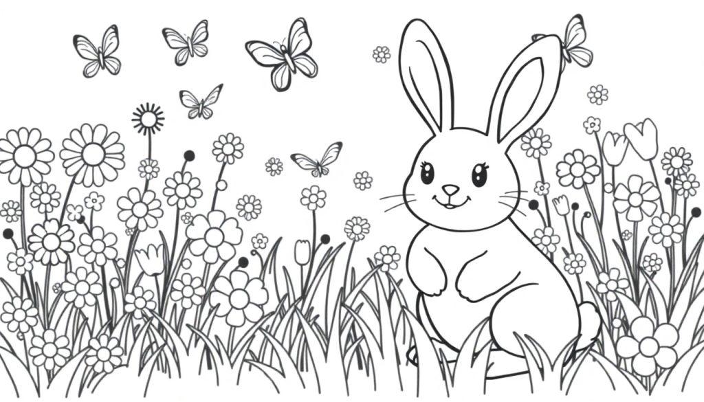 Schwarz-weiße Farbtafel: Ein niedlicher Cartoon-Hase sitzt in einer Blumenwiese mit flatternden Schmetterlingen.