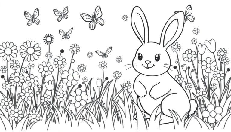Schwarz-weiße Farbtafel: Ein niedlicher Cartoon-Hase sitzt in einer Blumenwiese mit flatternden Schmetterlingen.
