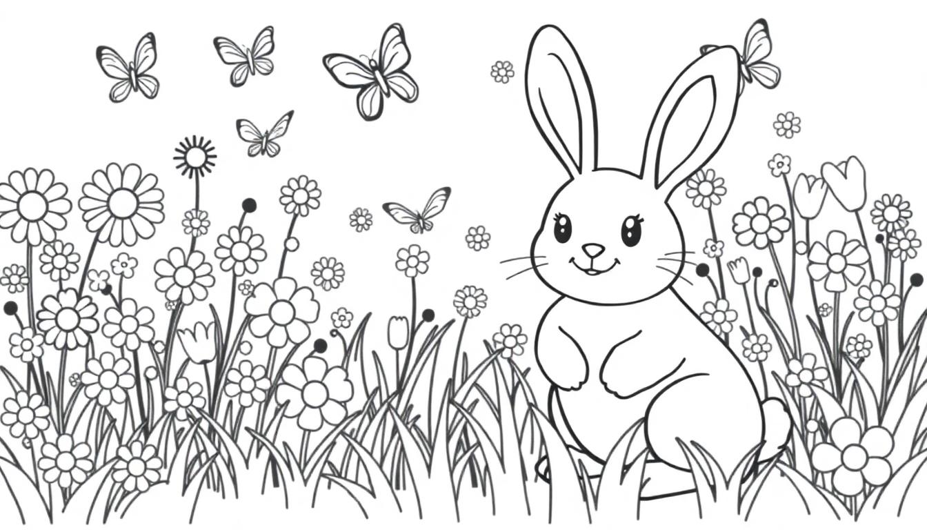 Schwarz-weiße Farbtafel: Ein niedlicher Cartoon-Hase sitzt in einer Blumenwiese mit flatternden Schmetterlingen.