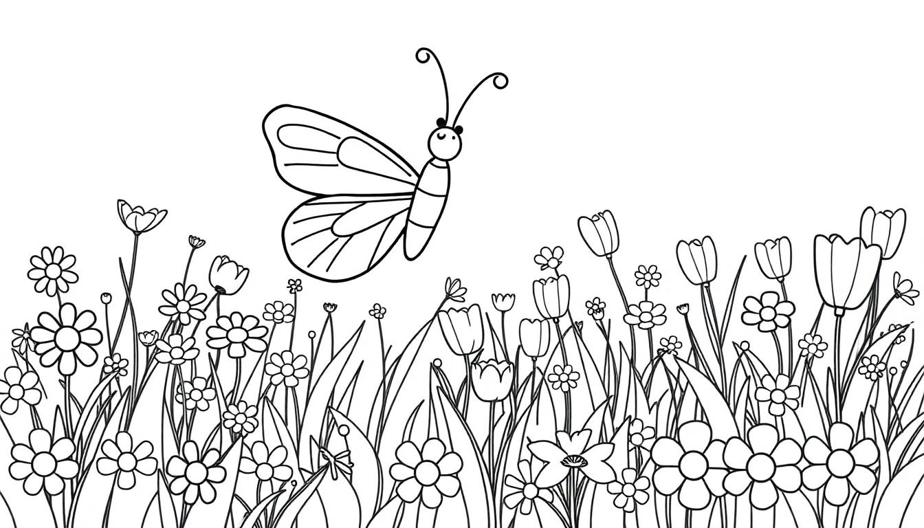 Eine Farbtafel einer Frühlingswiese mit Blumen und einem Schmetterling zum Ausmalen.