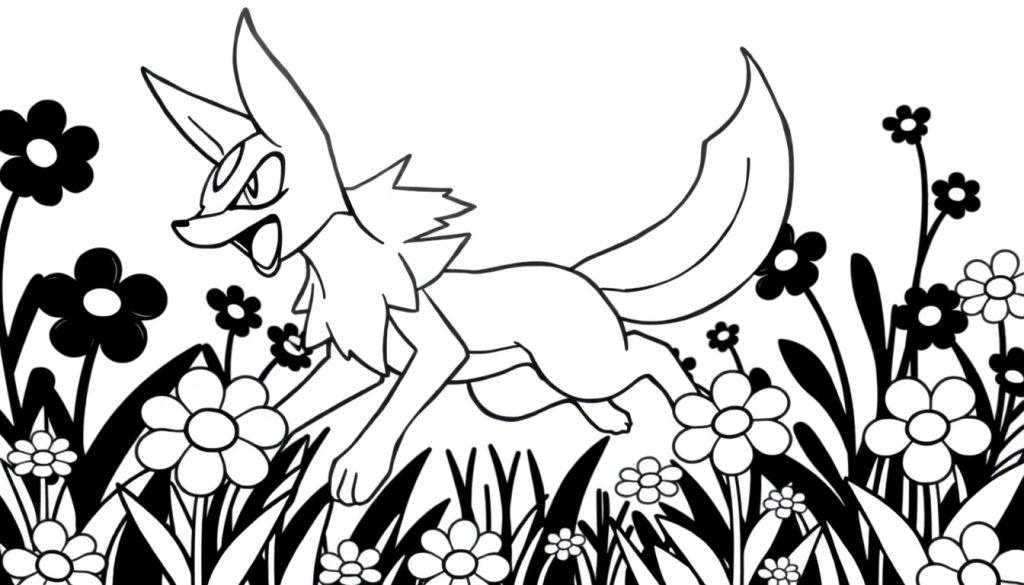 Schwarz-Weiß-Mandalabild eines Pokémon-Fuchses, der durch ein Blumenfeld rennt.