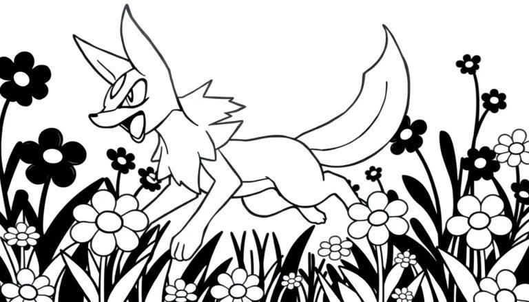 Schwarz-Weiß-Mandalabild eines Pokémon-Fuchses, der durch ein Blumenfeld rennt.