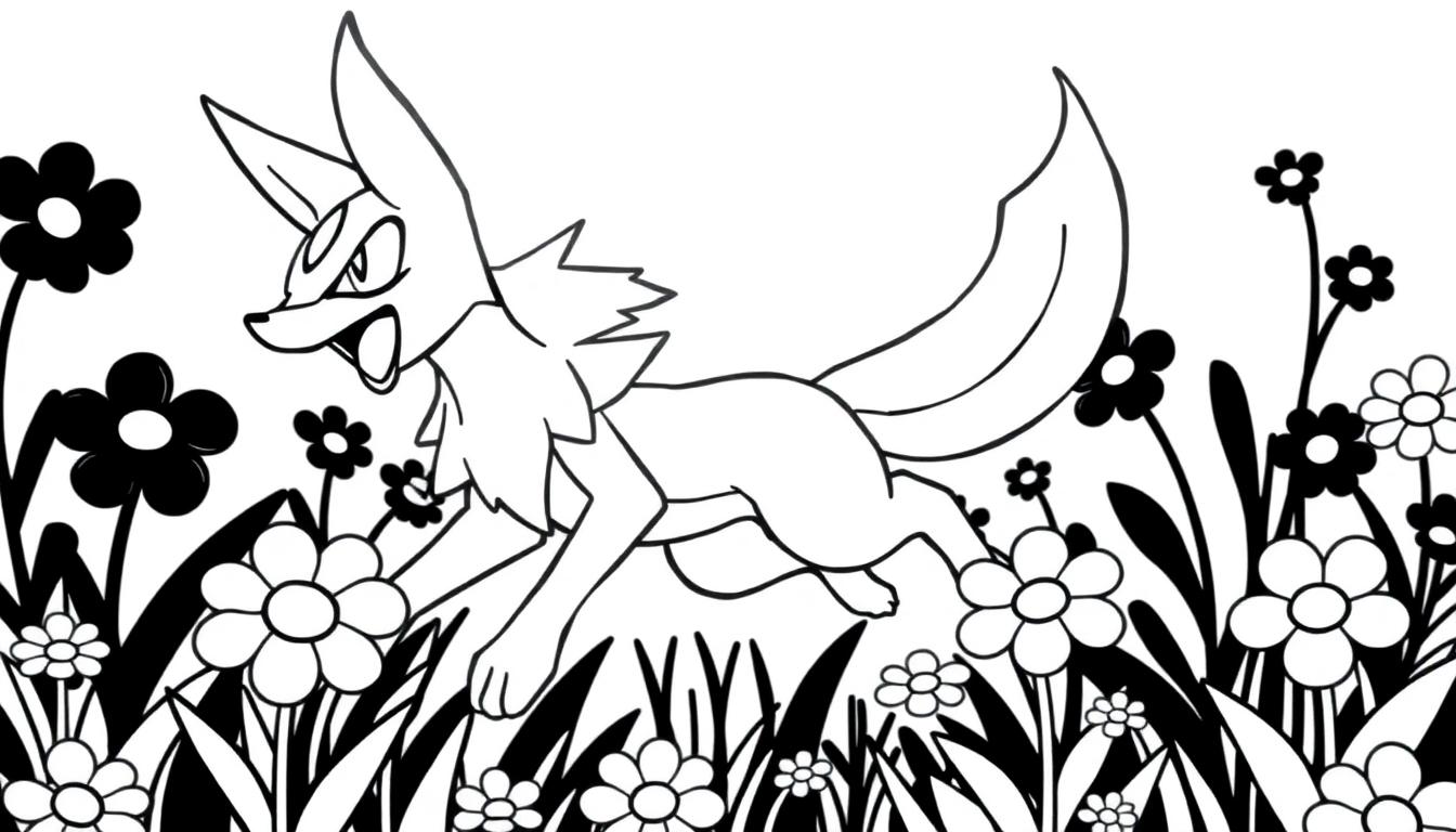 Schwarz-Weiß-Mandalabild eines Pokémon-Fuchses, der durch ein Blumenfeld rennt.