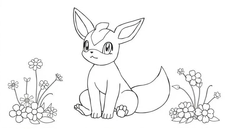 Ein Cartoon-Fuchs sitzt in einem Blumenmeer.