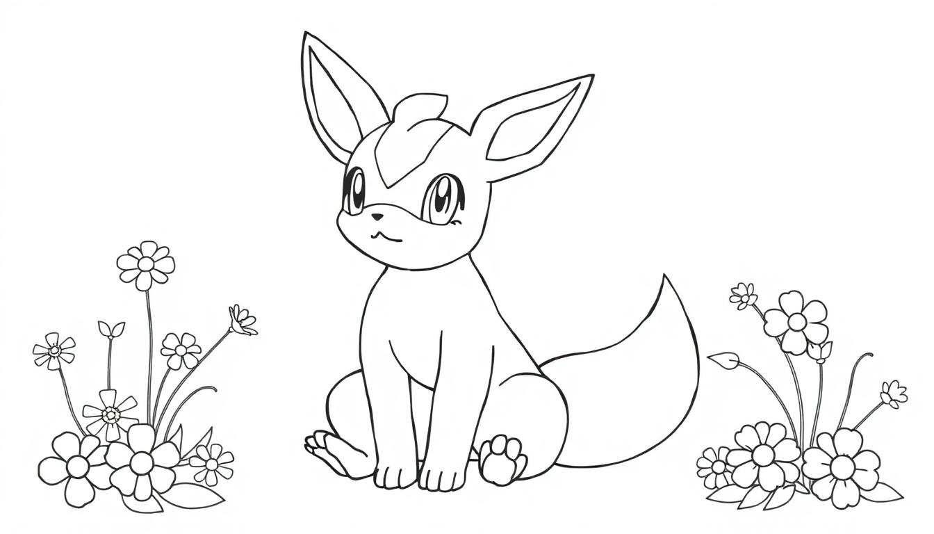 Ein Cartoon-Fuchs sitzt in einem Blumenmeer.