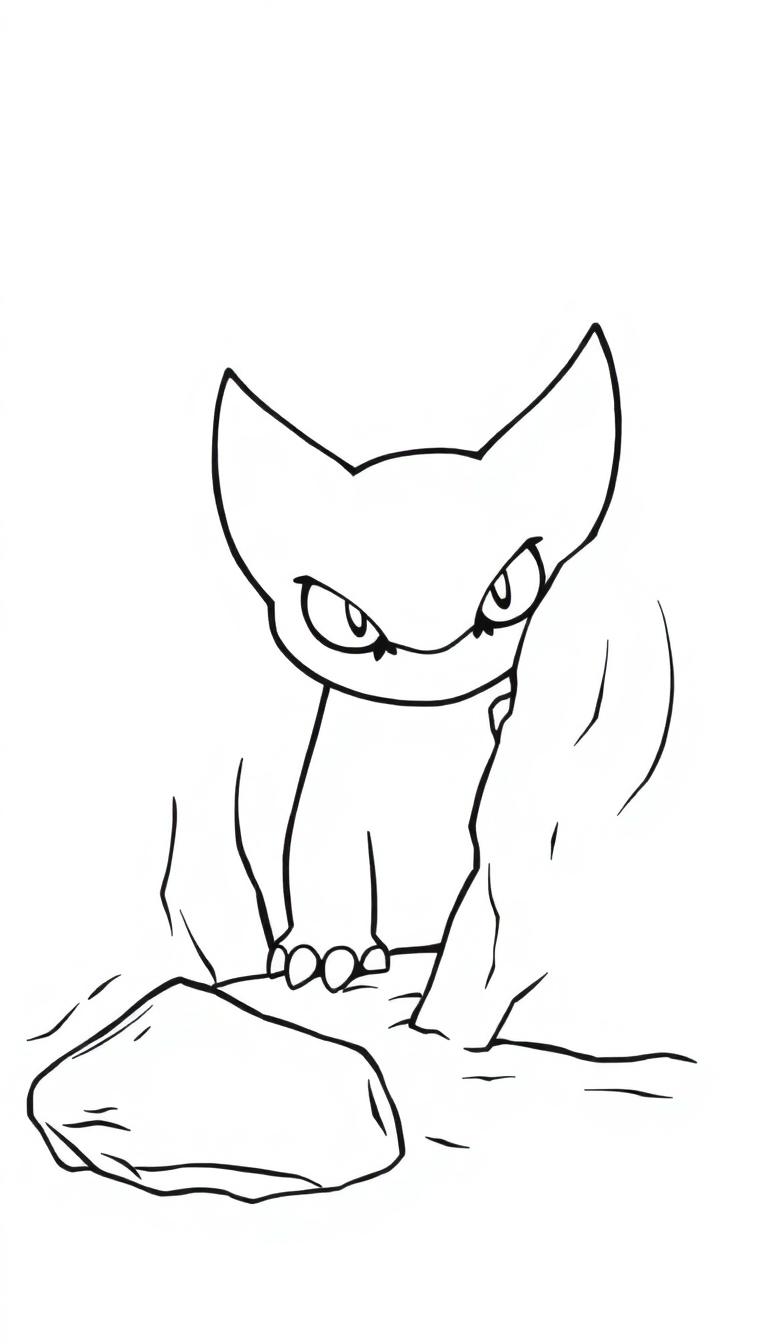 Ein Cartoon-Tier, ähnlich einem Fuchs oder einer Katze, sitzt zwischen Felsen.