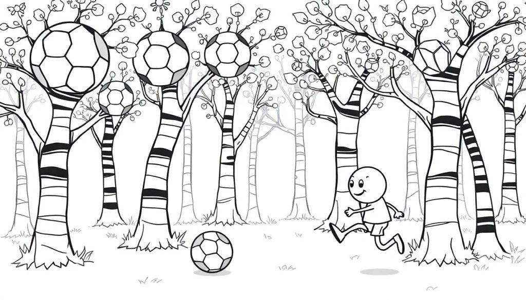 Ein Cartoon-Charakter jagt einen Fußball durch einen Wald mit Fußball-Bäumen.