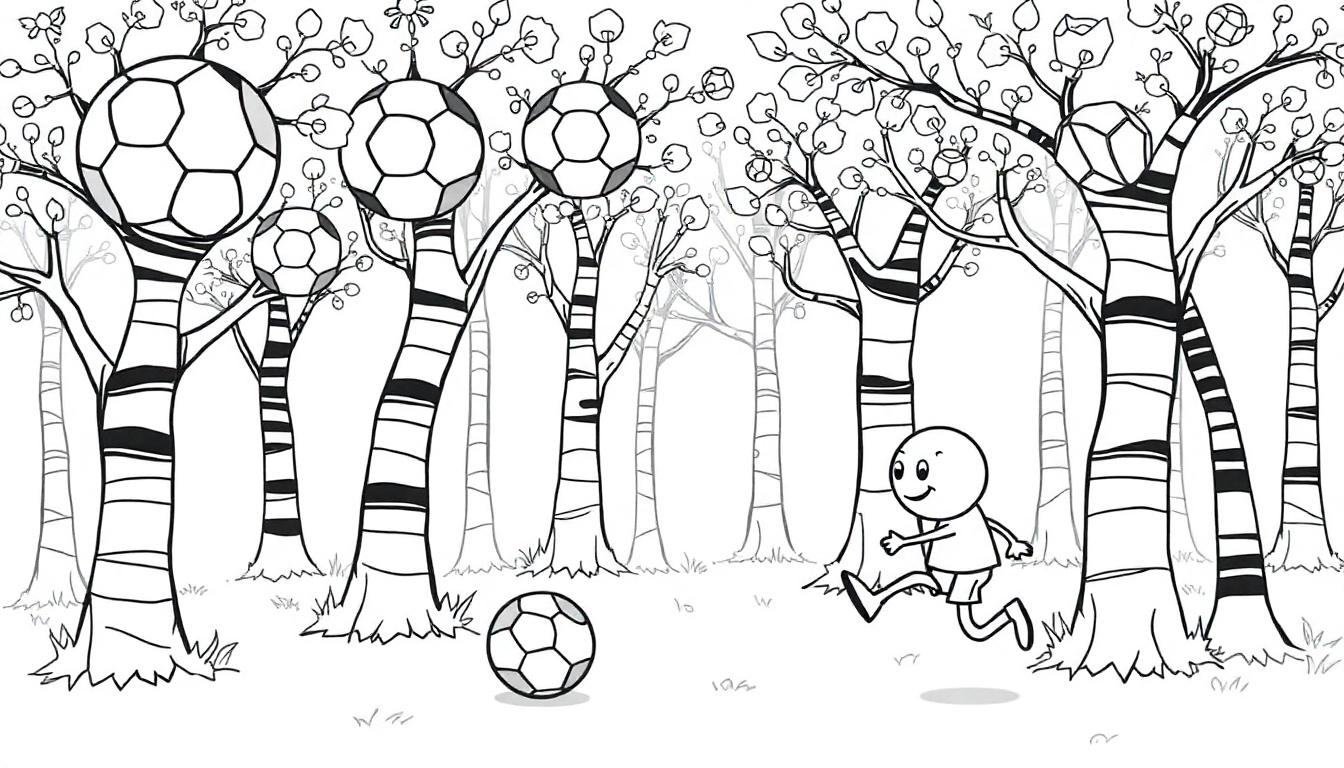 Ein Cartoon-Charakter jagt einen Fußball durch einen Wald mit Fußball-Bäumen.