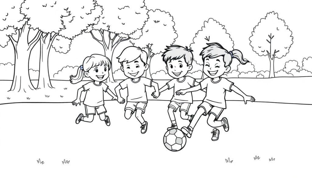 Vier Kinder spielen ausgelassen Fußball im Park.