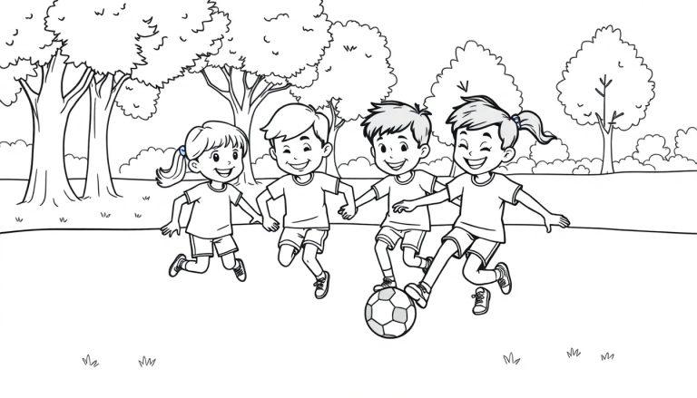 Vier Kinder spielen ausgelassen Fußball im Park.