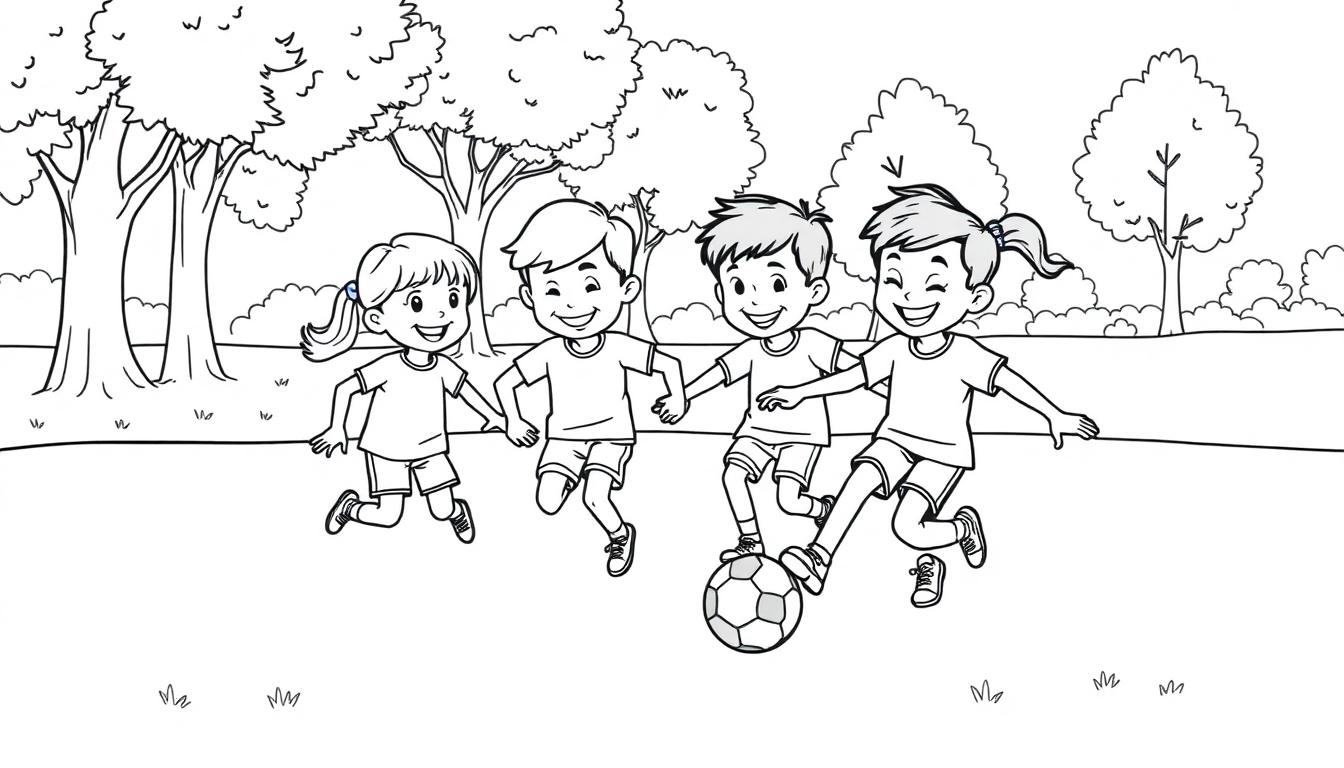 Vier Kinder spielen ausgelassen Fußball im Park.