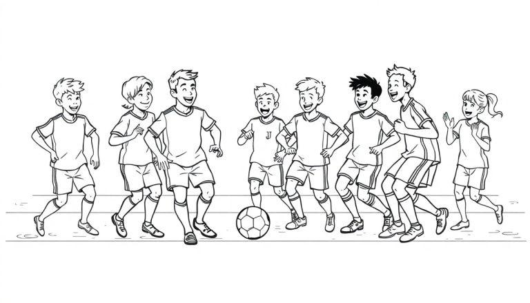 Schwarz-Weiß-Farbtafel-Illustration einer Gruppe von acht Kindern, die auf einem Fußballfeld spielen.