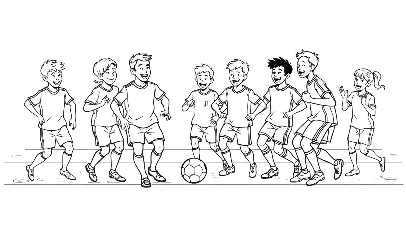 Schwarz-Weiß-Farbtafel-Illustration einer Gruppe von acht Kindern, die auf einem Fußballfeld spielen.