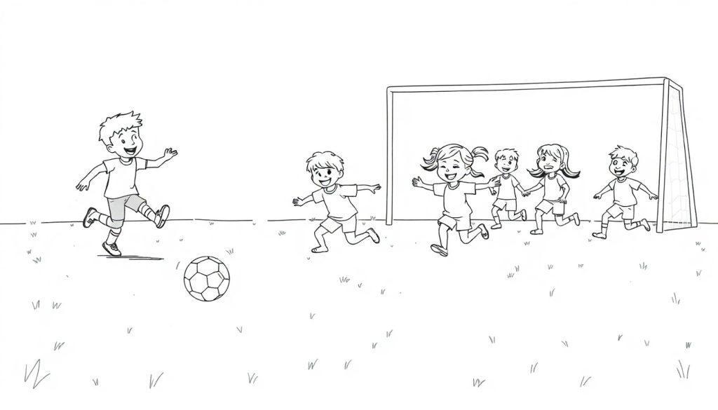 Schwarz-weiß Farbtafel-Zeichnung eines Jungen, der auf einem Fußball tritt, mit anderen Kindern im Hintergrund vor einem Fußballtor.
