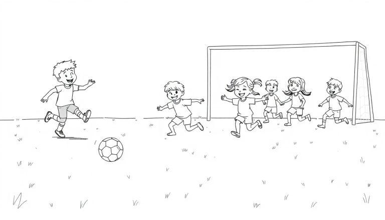 Schwarz-weiß Farbtafel-Zeichnung eines Jungen, der auf einem Fußball tritt, mit anderen Kindern im Hintergrund vor einem Fußballtor.