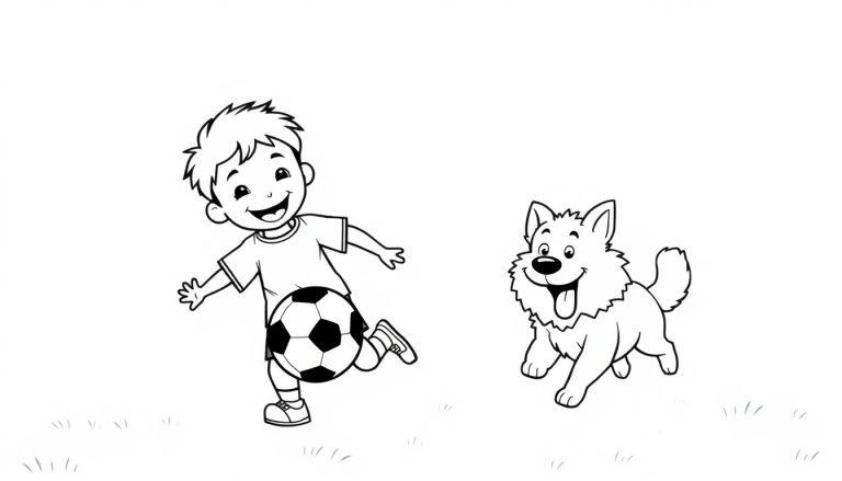 Schwarz-weiße Farbtafel eines lächelnden Jungen, der einen Fußball tritt, während ein glücklicher Hund in der Nähe zusieht, beide auf einem Rasen.