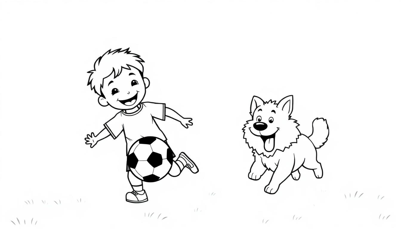 Schwarz-weiße Farbtafel eines lächelnden Jungen, der einen Fußball tritt, während ein glücklicher Hund in der Nähe zusieht, beide auf einem Rasen.
