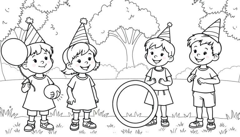 Schwarz-Weiß-Farbtafel-Zeichnung von vier lächelnden Kindern mit Geburtstagshüten draußen, eines hält einen Ballon und einen Ball.