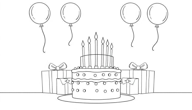 Schwarz-weiße Farbtafel: Geburtstagstorte mit Kerzen und Geschenken.