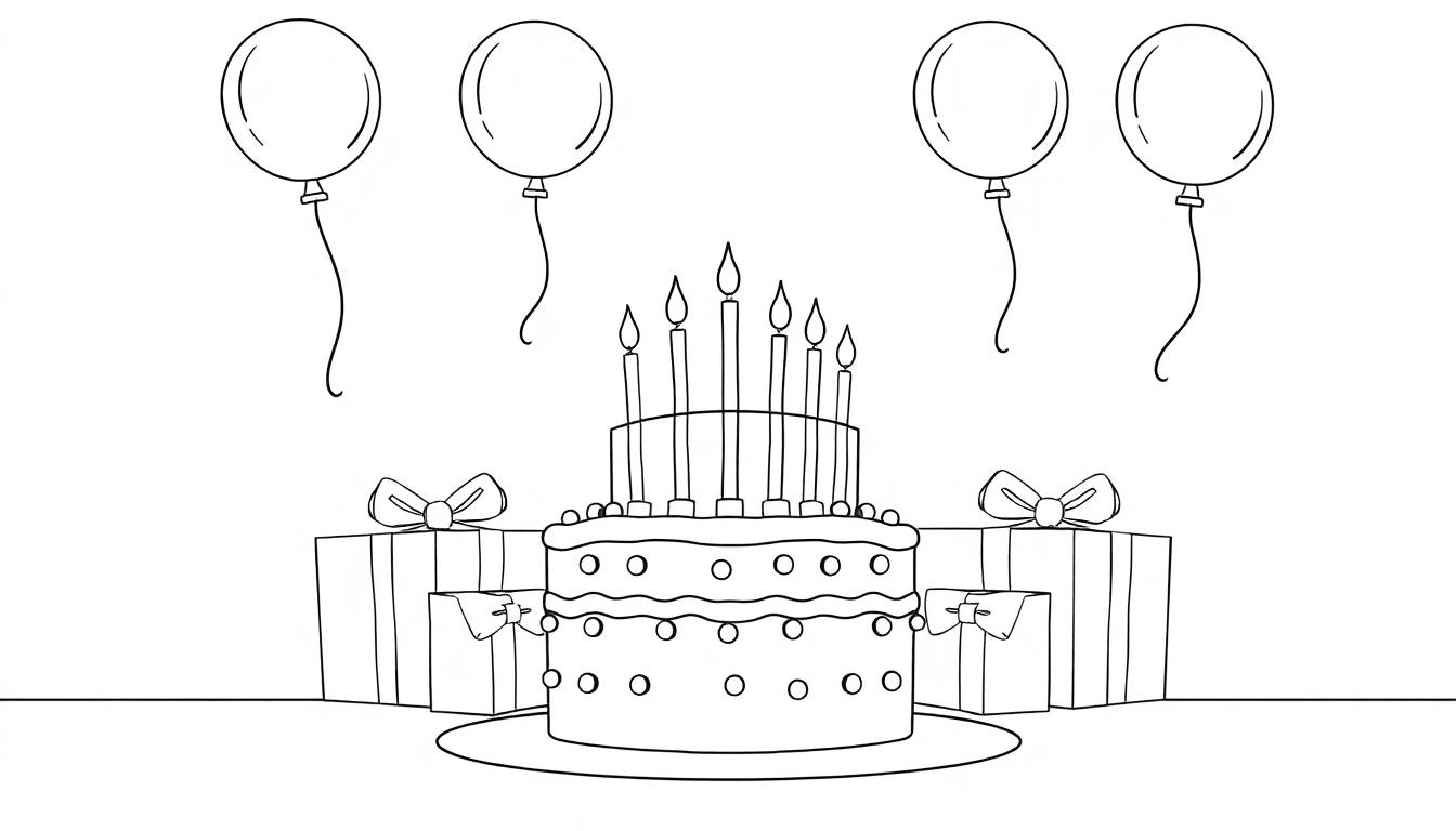 Schwarz-weiße Farbtafel: Geburtstagstorte mit Kerzen und Geschenken.