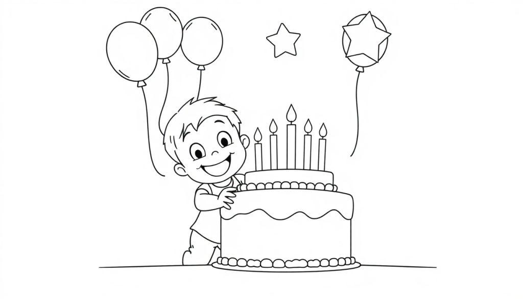 Schwarz-weiße Farbtafel-Zeichnung eines glücklichen Jungen mit brennenden Kerzen auf einem Geburtstagskuchen, umgeben von Luftballons und einem Stern im Hintergrund.