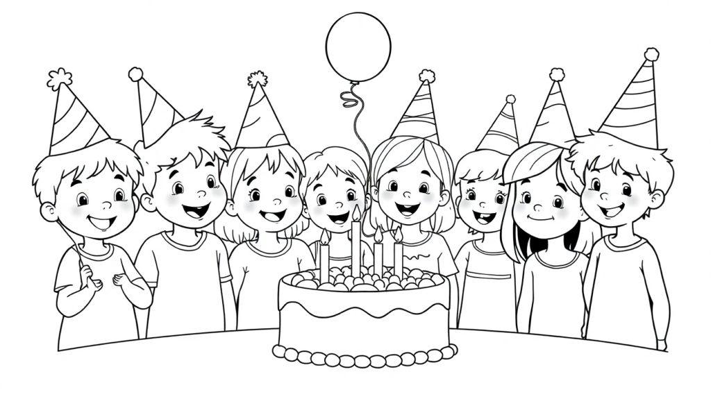 Schwarz-weiße Farbtafel einer Geburtstagsparty mit Kindern und einem Kuchen, bereit zum Ausmalen.