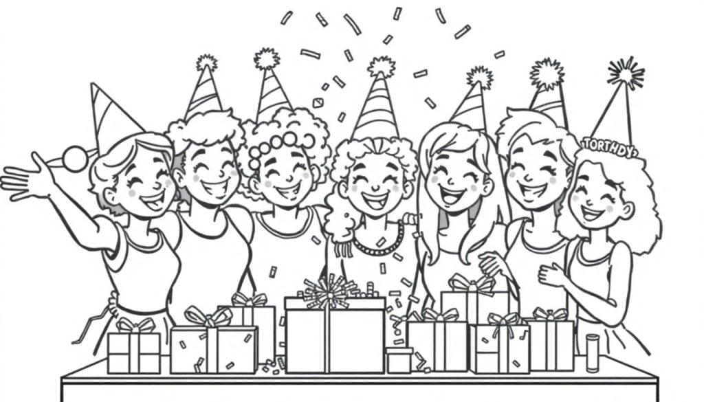 Schwarz-weiße Ausmalbild-Illustration einer fröhlichen Gruppe von sieben jungen Frauen mit Partyhüten, die sich bei einer Geburtstagsfeier mit Konfetti und Geschenken um einen Tisch versammeln. Farbtafel
