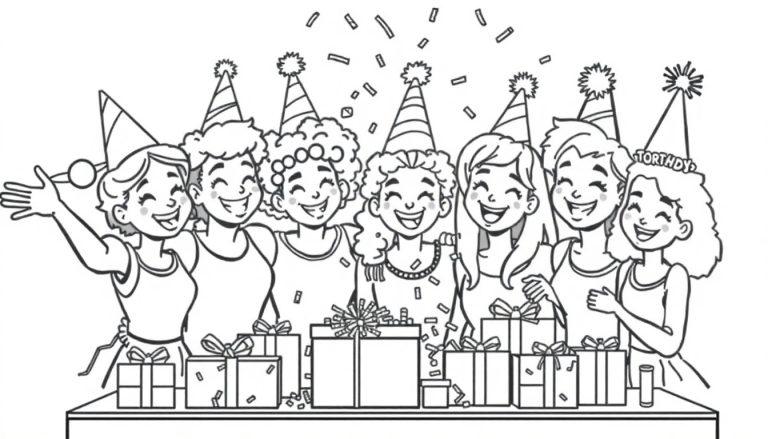 Schwarz-weiße Ausmalbild-Illustration einer fröhlichen Gruppe von sieben jungen Frauen mit Partyhüten, die sich bei einer Geburtstagsfeier mit Konfetti und Geschenken um einen Tisch versammeln. Farbtafel