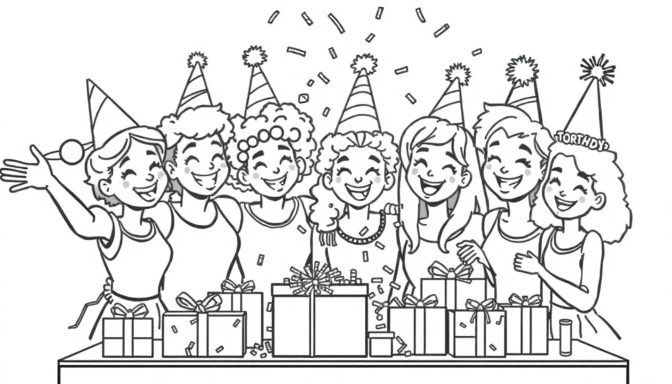 Schwarz-weiße Ausmalbild-Illustration einer fröhlichen Gruppe von sieben jungen Frauen mit Partyhüten, die sich bei einer Geburtstagsfeier mit Konfetti und Geschenken um einen Tisch versammeln. Farbtafel