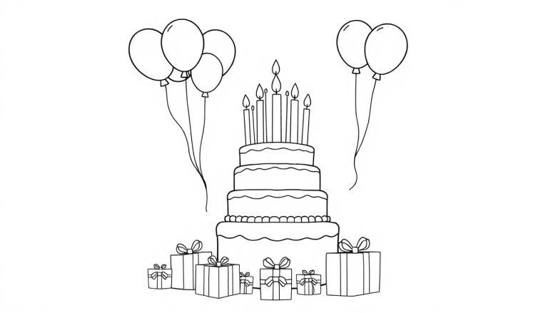 Schwarz-weiß Farbtafel-Illustration eines Geburtstagskuchens mit Kerzen, Geschenken und Luftballons zum Ausmalen.