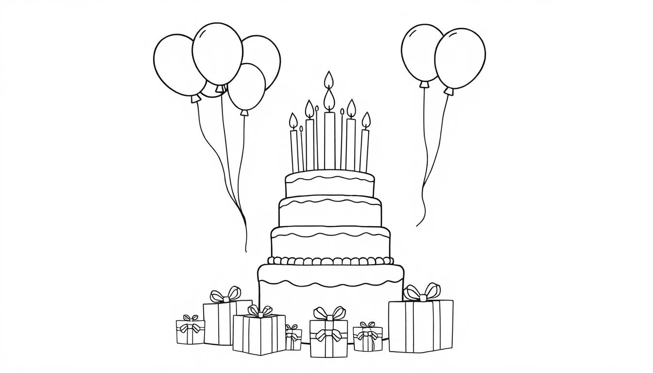 Schwarz-weiß Farbtafel-Illustration eines Geburtstagskuchens mit Kerzen, Geschenken und Luftballons zum Ausmalen.