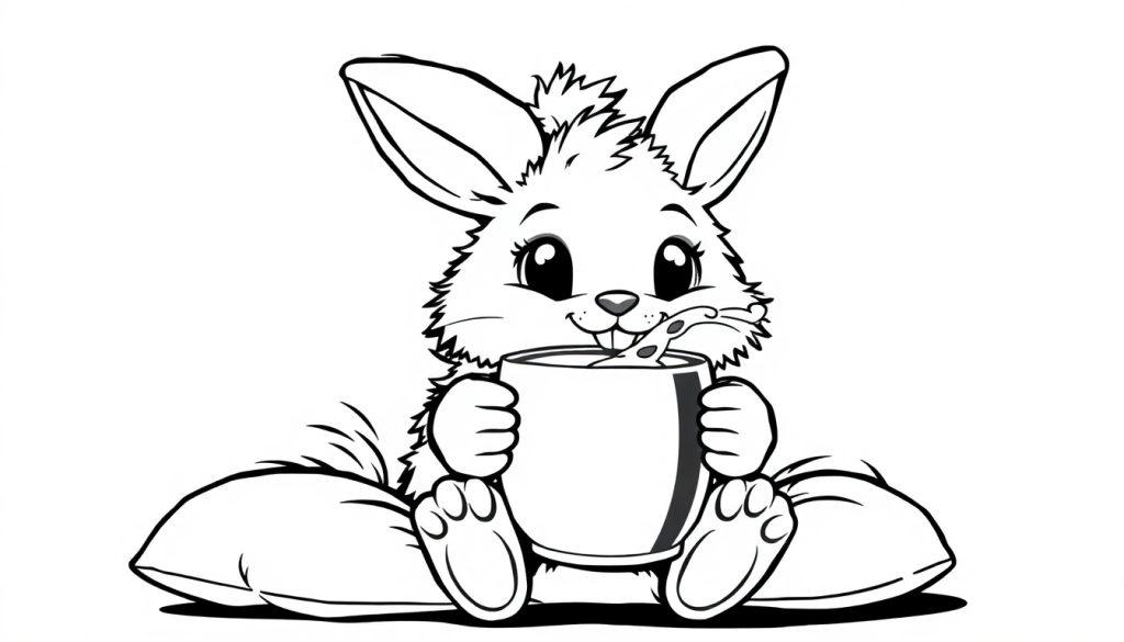 Ein niedliches Cartoon-Häschen trinkt aus einer großen Tasse mit einem Löffel, Schwarz-Weiß-Farbtafel.