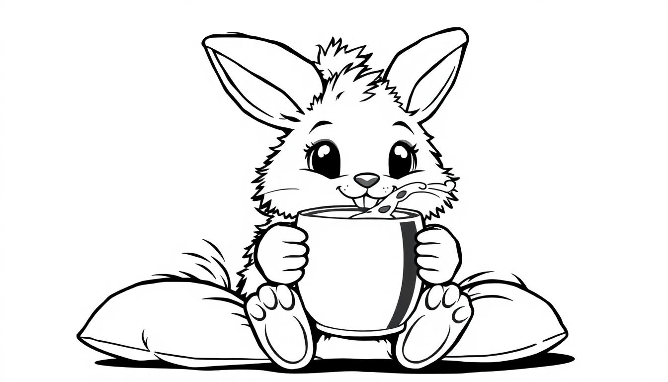 Ein niedliches Cartoon-Häschen trinkt aus einer großen Tasse mit einem Löffel, Schwarz-Weiß-Farbtafel.