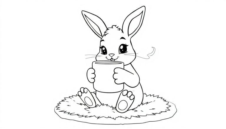 Eine Farbtafel eines Cartoon-Kaninchens, das eine dampfende Tasse hält.