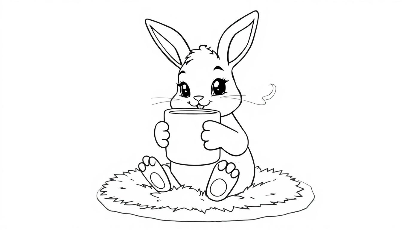 Eine Farbtafel eines Cartoon-Kaninchens, das eine dampfende Tasse hält.