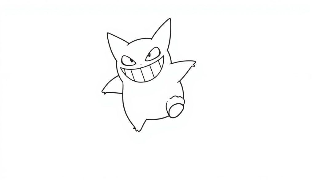 Umrisszeichnung von Gengar, dem Pokémon, das springt und grinst.