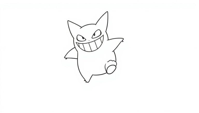 Umrisszeichnung von Gengar, dem Pokémon, das springt und grinst.