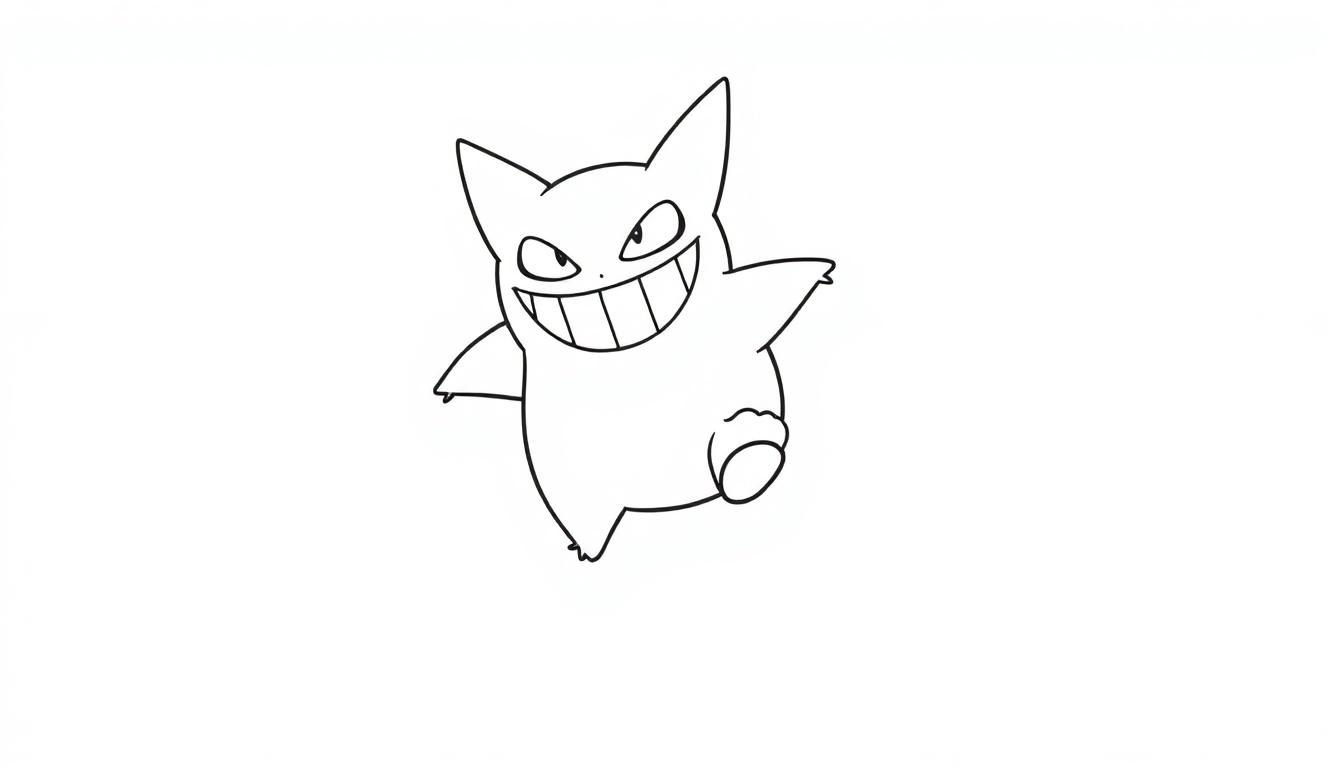 Umrisszeichnung von Gengar, dem Pokémon, das springt und grinst.