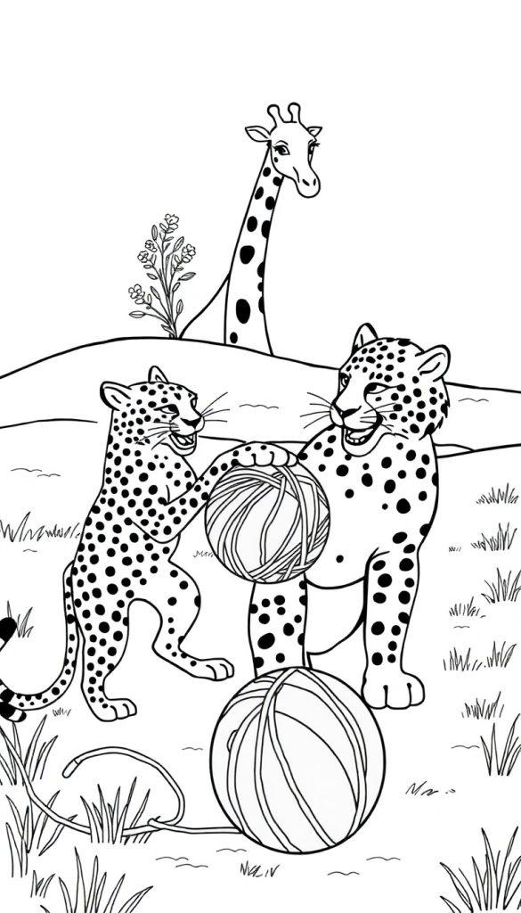 Schwarz-Weiß-Farbtafel einer Cartoon-Giraffe, die aus der Ferne zusieht, wie zwei Leoparden im Vordergrund mit Wollknäueln spielen.