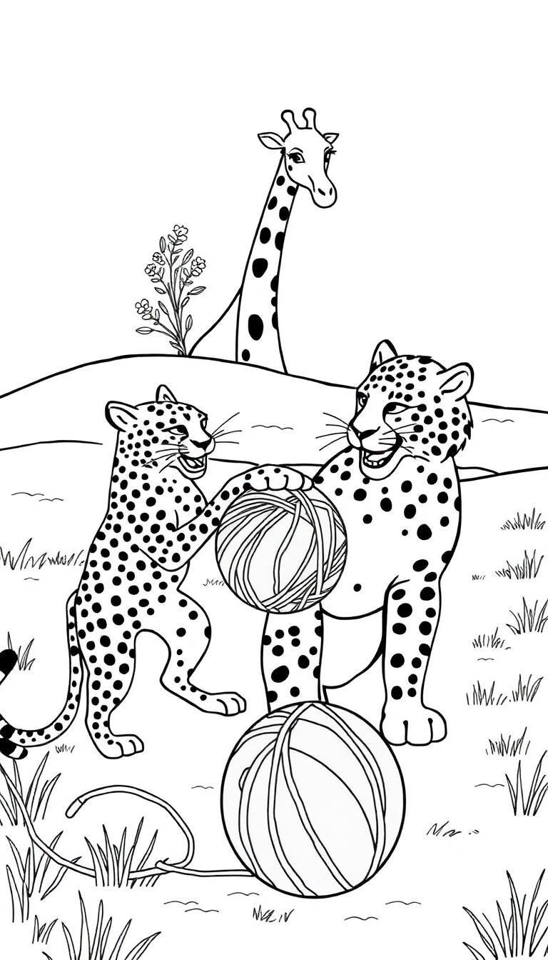 Schwarz-Weiß-Farbtafel einer Cartoon-Giraffe, die aus der Ferne zusieht, wie zwei Leoparden im Vordergrund mit Wollknäueln spielen.