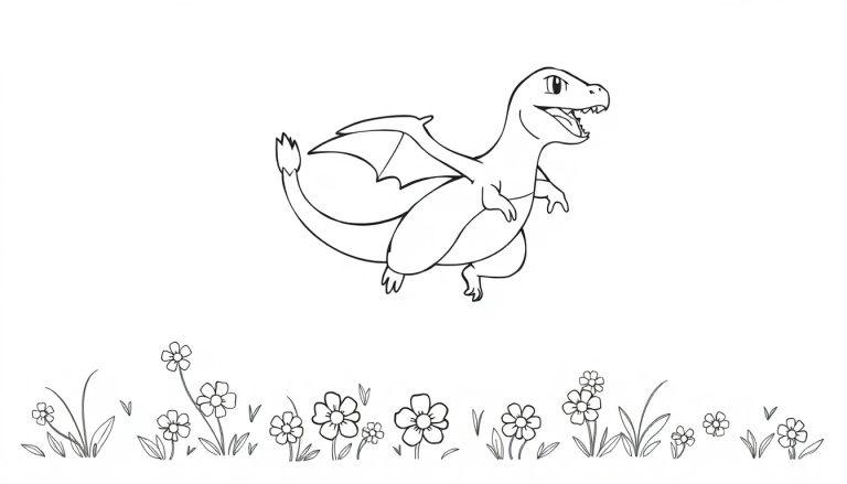 Schwarz-Weiß-Zeichnung eines fliegenden Glurak über einem Feld mit einfachen Blumen.