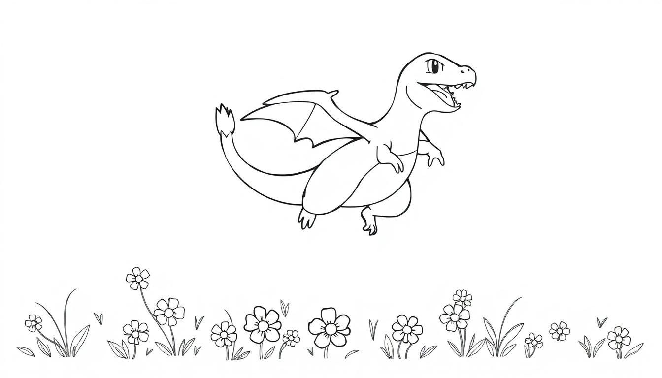Schwarz-Weiß-Zeichnung eines fliegenden Glurak über einem Feld mit einfachen Blumen.