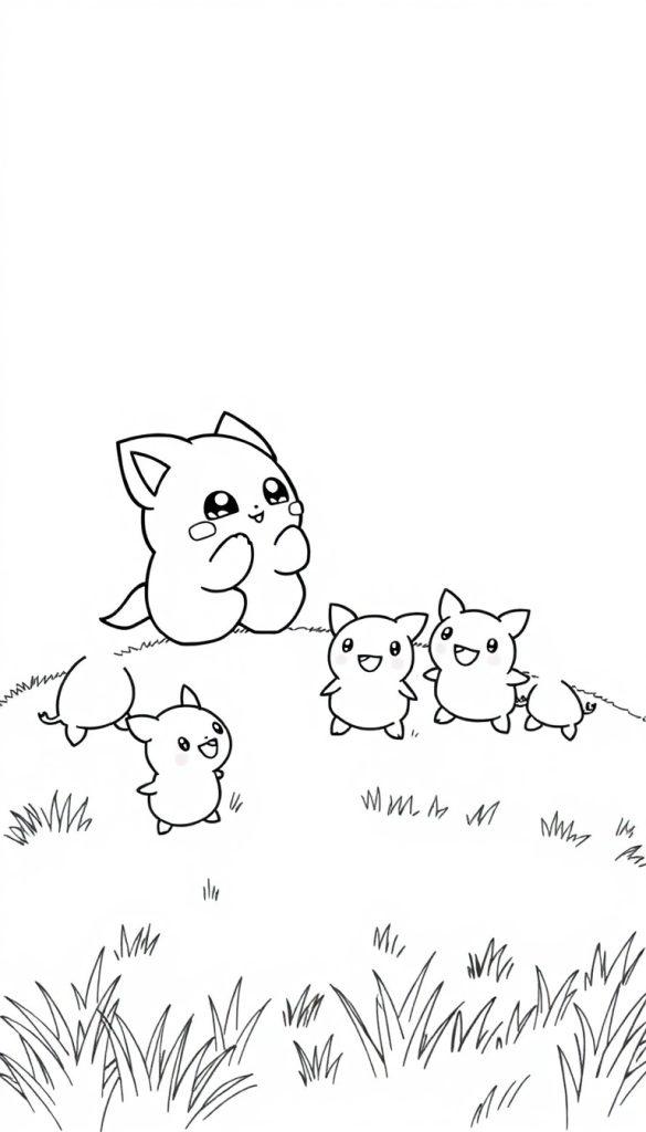 Eine Gruppe von niedlichen Cartoon-Kreaturen, die in einer grasbewachsenen Umgebung spielen, mit einer größeren Kreatur im Zentrum, die sich die Hände vor das Gesicht hält.