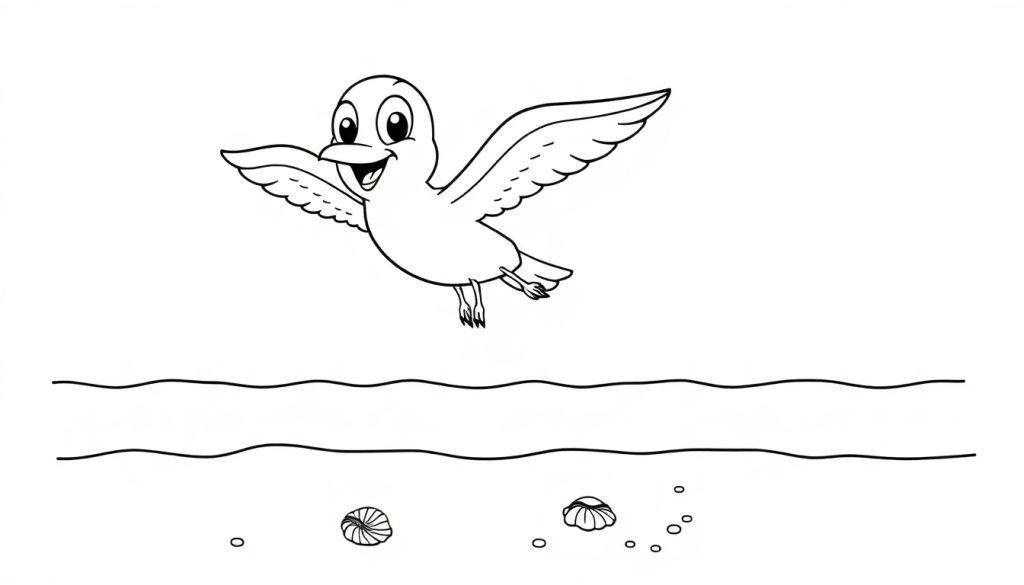 Eine schwarz-weiße Farbtafel einer lächelnden Möwe mit ausgebreiteten Flügeln, die über dem Meer und Strand fliegt.