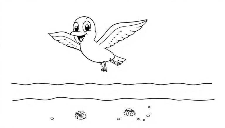 Eine schwarz-weiße Farbtafel einer lächelnden Möwe mit ausgebreiteten Flügeln, die über dem Meer und Strand fliegt.
