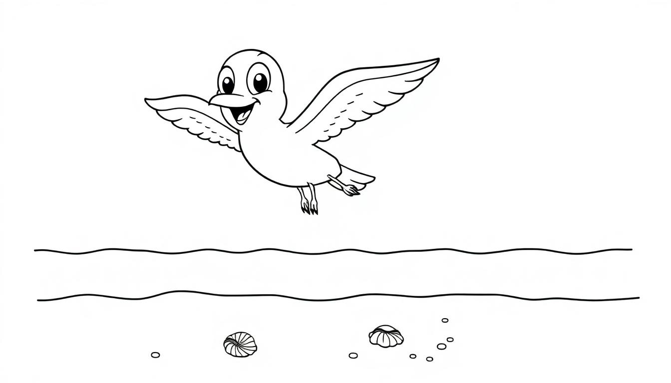 Eine schwarz-weiße Farbtafel einer lächelnden Möwe mit ausgebreiteten Flügeln, die über dem Meer und Strand fliegt.